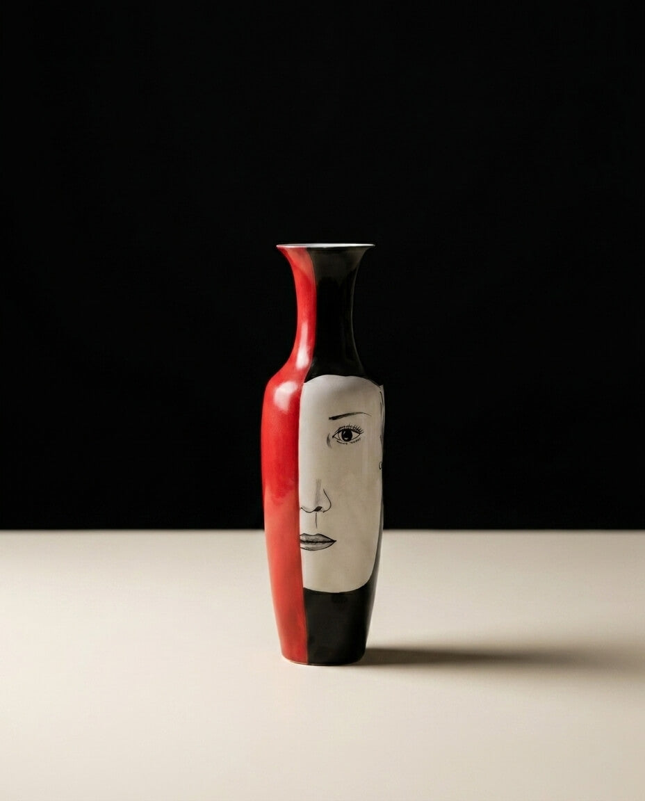 Pop Art Kadın Portreli Seramik Vazo - Kırmızı & Siyah